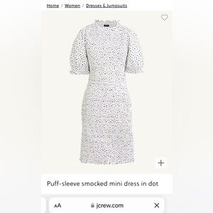 NWT J.Crew ReImagined Puff Sleeve Smocked Mini Dress in Dot, XS